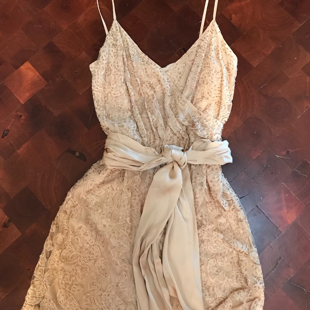 Halston Heritage sexy beaded wrap beige mini dress